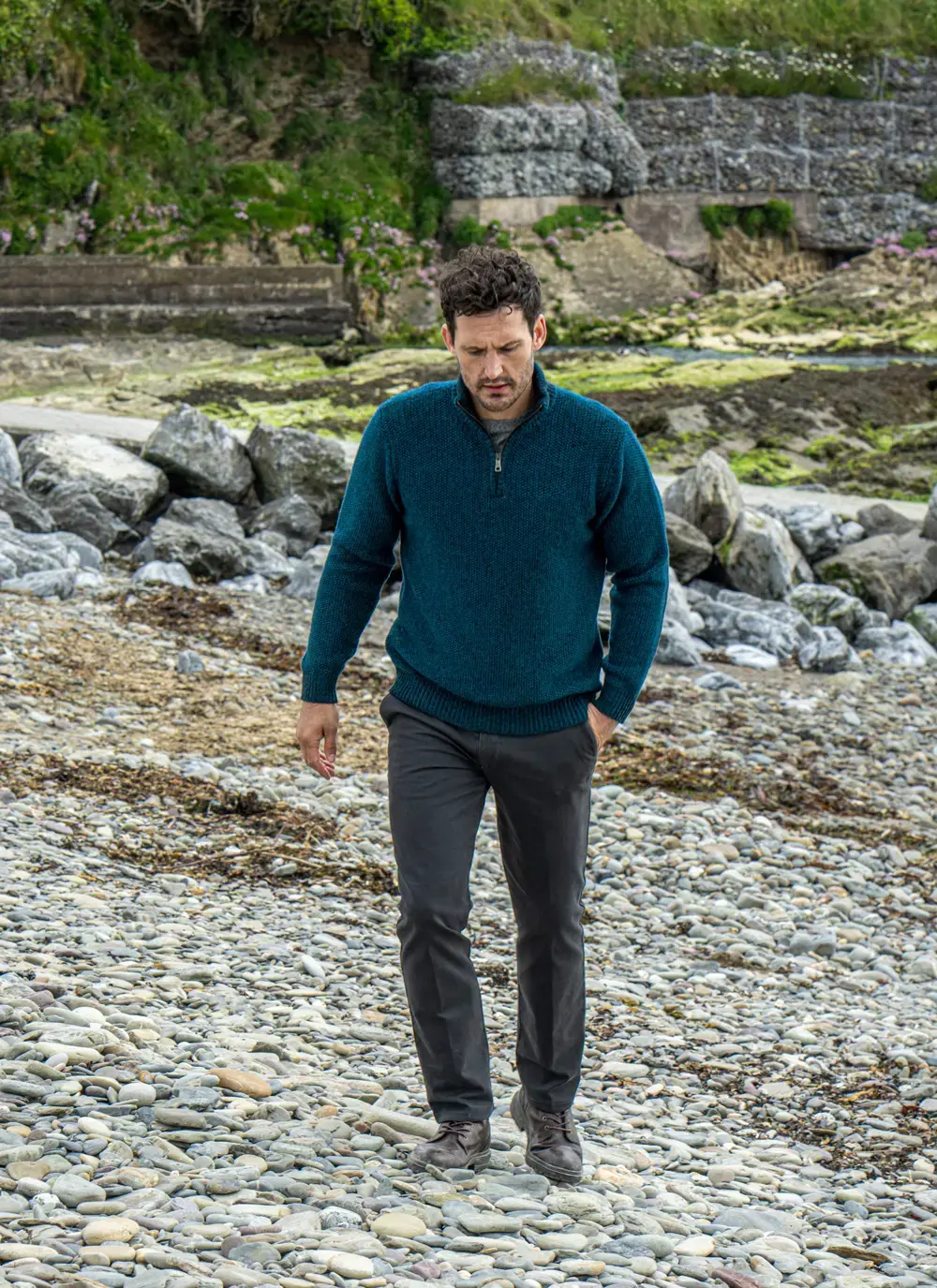 Fisherman Lambswool Seed Stitch Zip Neck Sweater in Petrol | Blarney